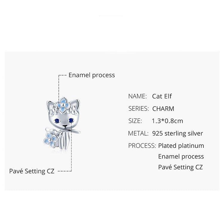 Cat holding blue flower sterling silver charm