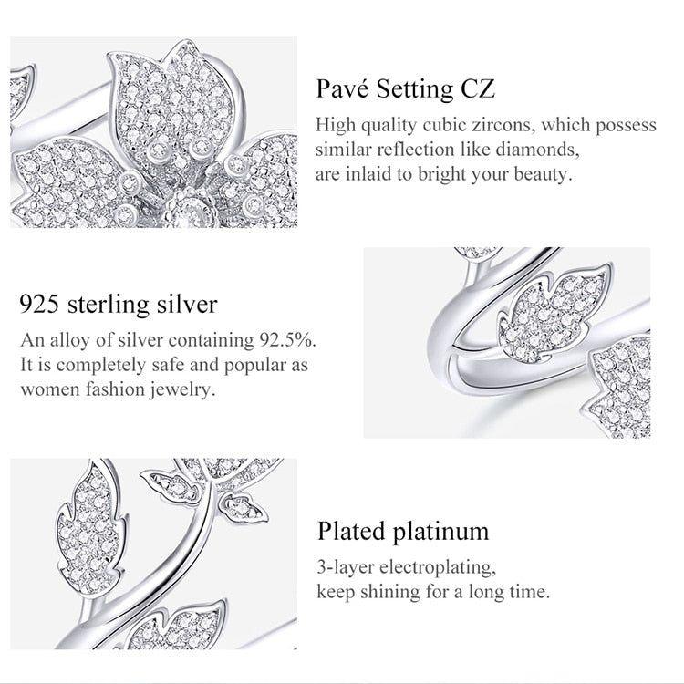 Cubic zirconia cherry blossom flower adjustable silver ring