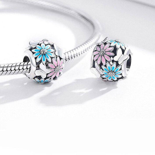 Colorful daisy flower sterling silver bead charm