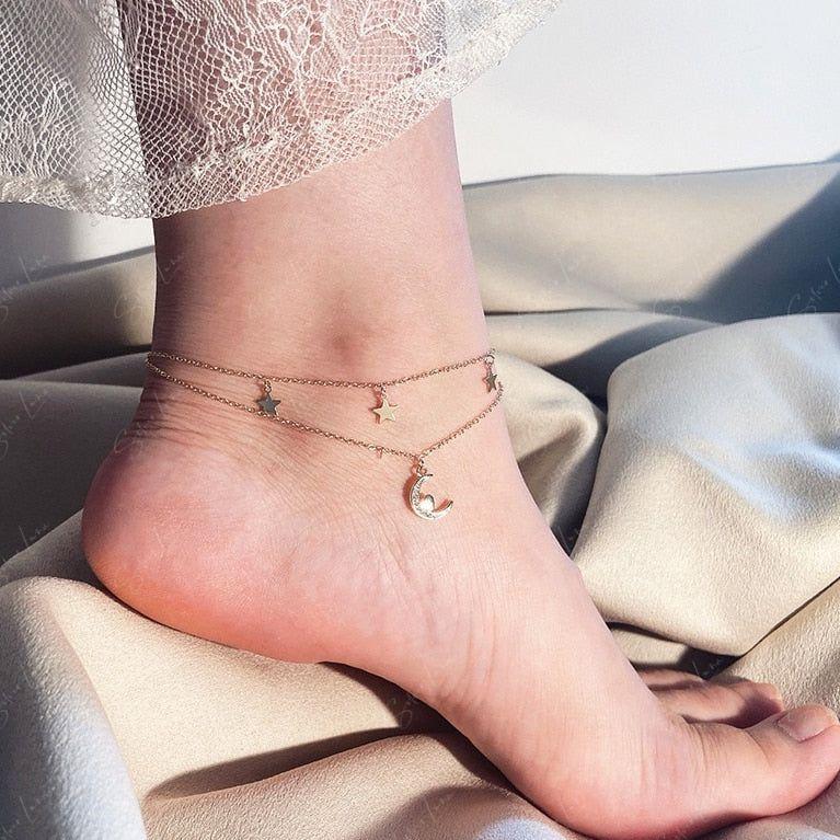 Double layer dazzling moon and stars charm anklet