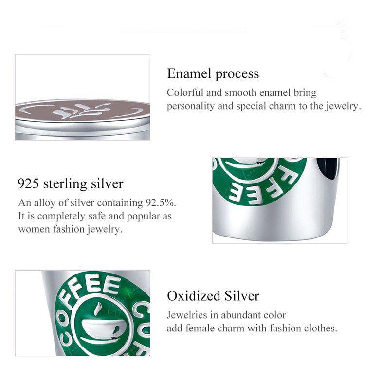 Coffee cup bead charm for bracelet in sterling silver