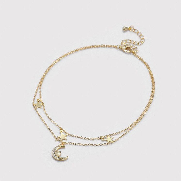Double layer dazzling moon and stars charm anklet