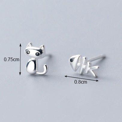 Cat and fish asymmetric stud animal earrings