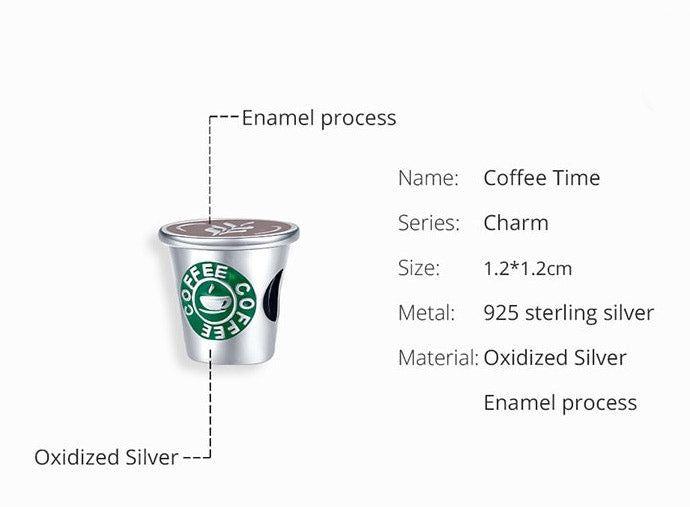 Coffee cup bead charm for bracelet in sterling silver