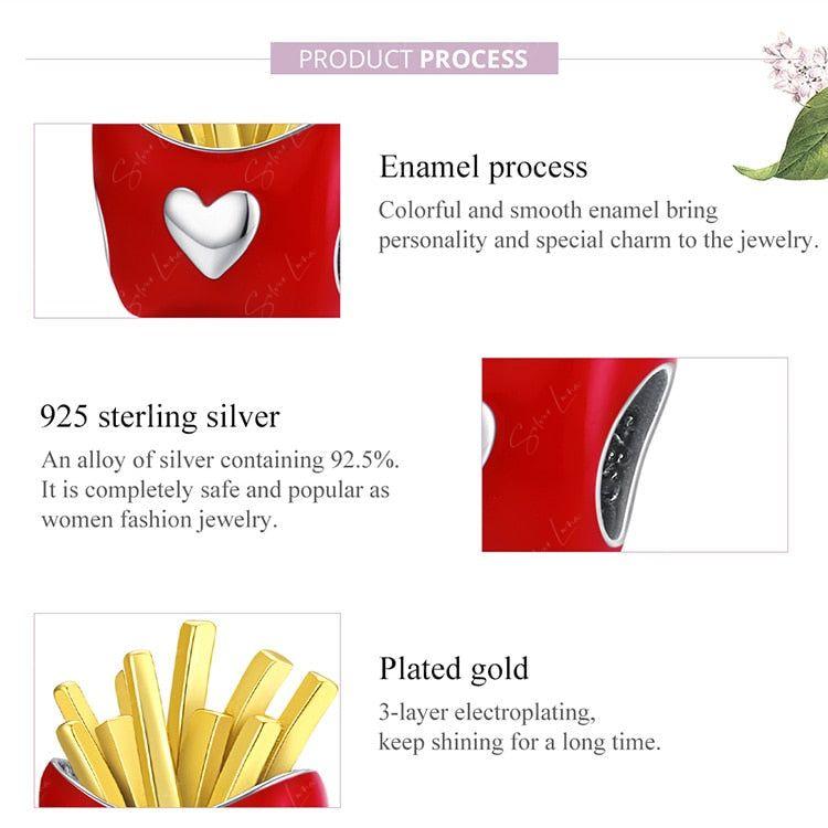 Hamburger, French fries, soda sterling silver bead charm