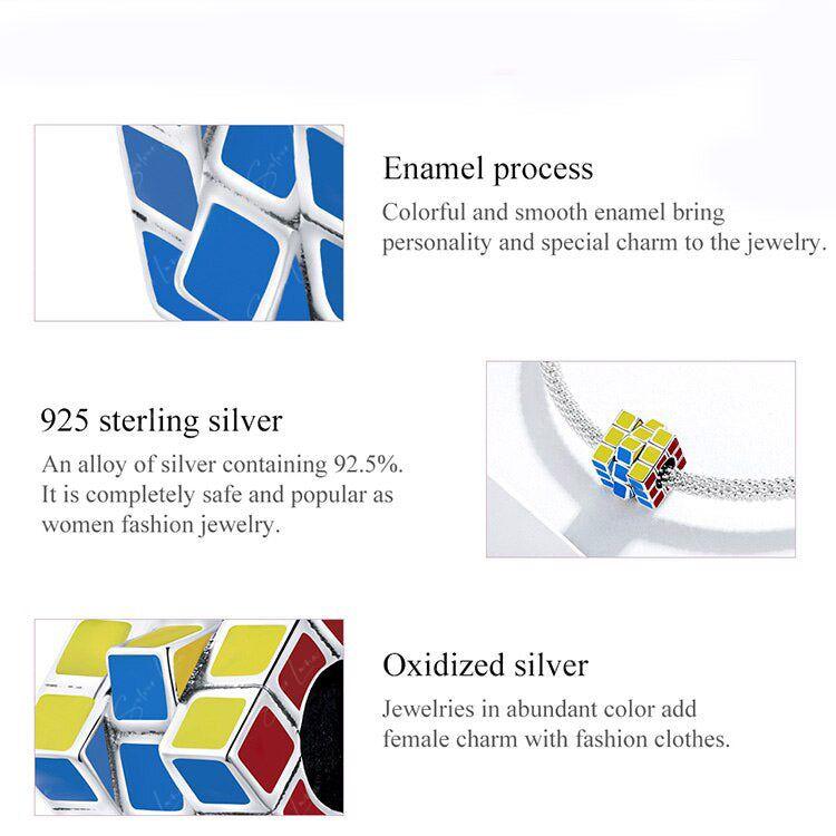 Rubik's cube sterling silver bead charm for bracelet