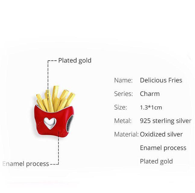 Hamburger, French fries, soda sterling silver bead charm