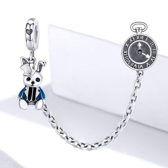 White rabbit and clock security chain for bracelets