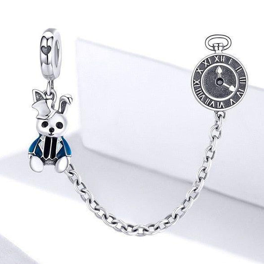 White rabbit and clock security chain for bracelets
