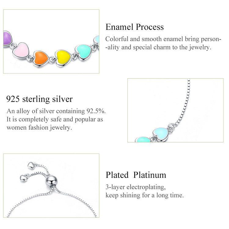 Rainbow heart charms sterling silver bracelet