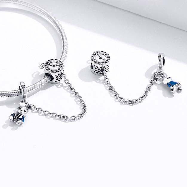 White rabbit and clock security chain for bracelets