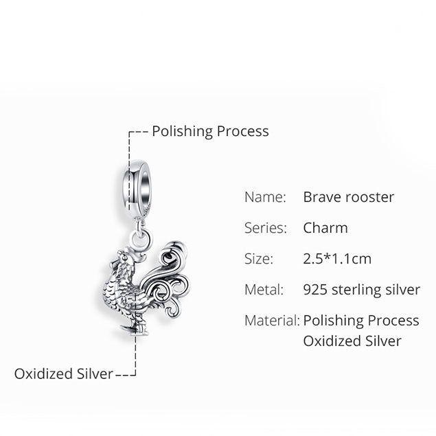 Rooster sterling silver pendant charm for bracelet