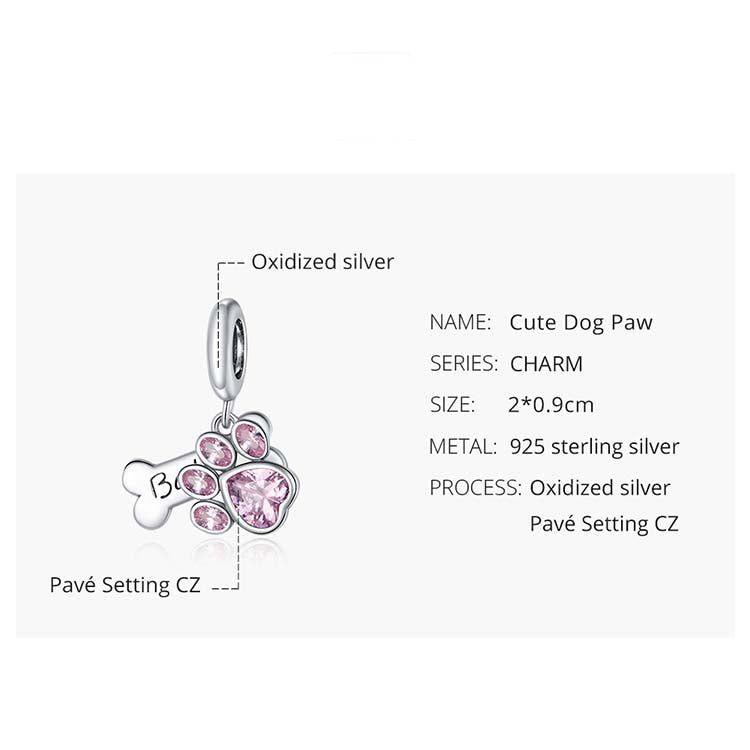 Dog paw and bone pendant charm in sterling silver