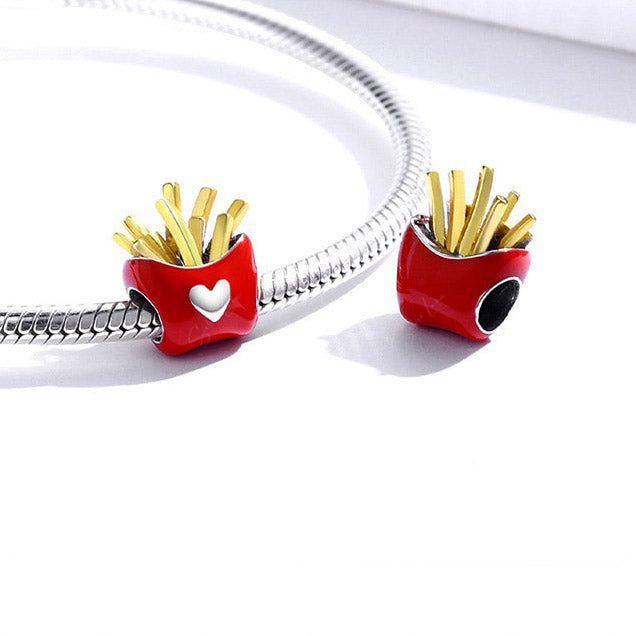 Hamburger, French fries, soda sterling silver bead charm