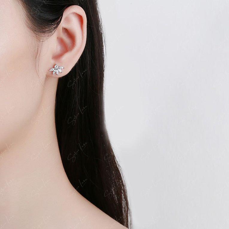 Zircon lotus flower screw back sterling silver stud earrings
