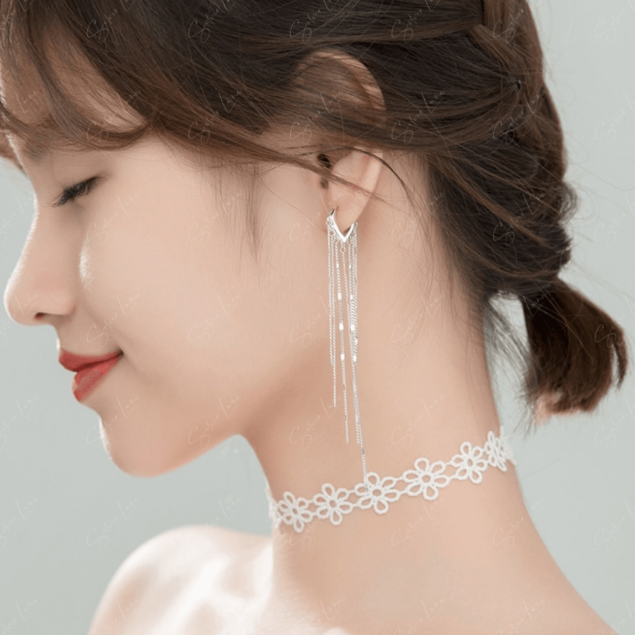 tassel chain silver hoop earrings