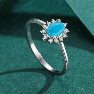 Halo cubic zirconia turquoise sterling silver ring