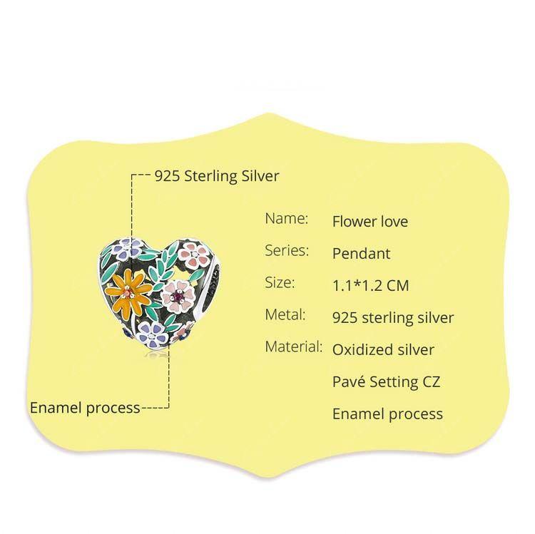 Flower heart sterling silver charm for bracelet