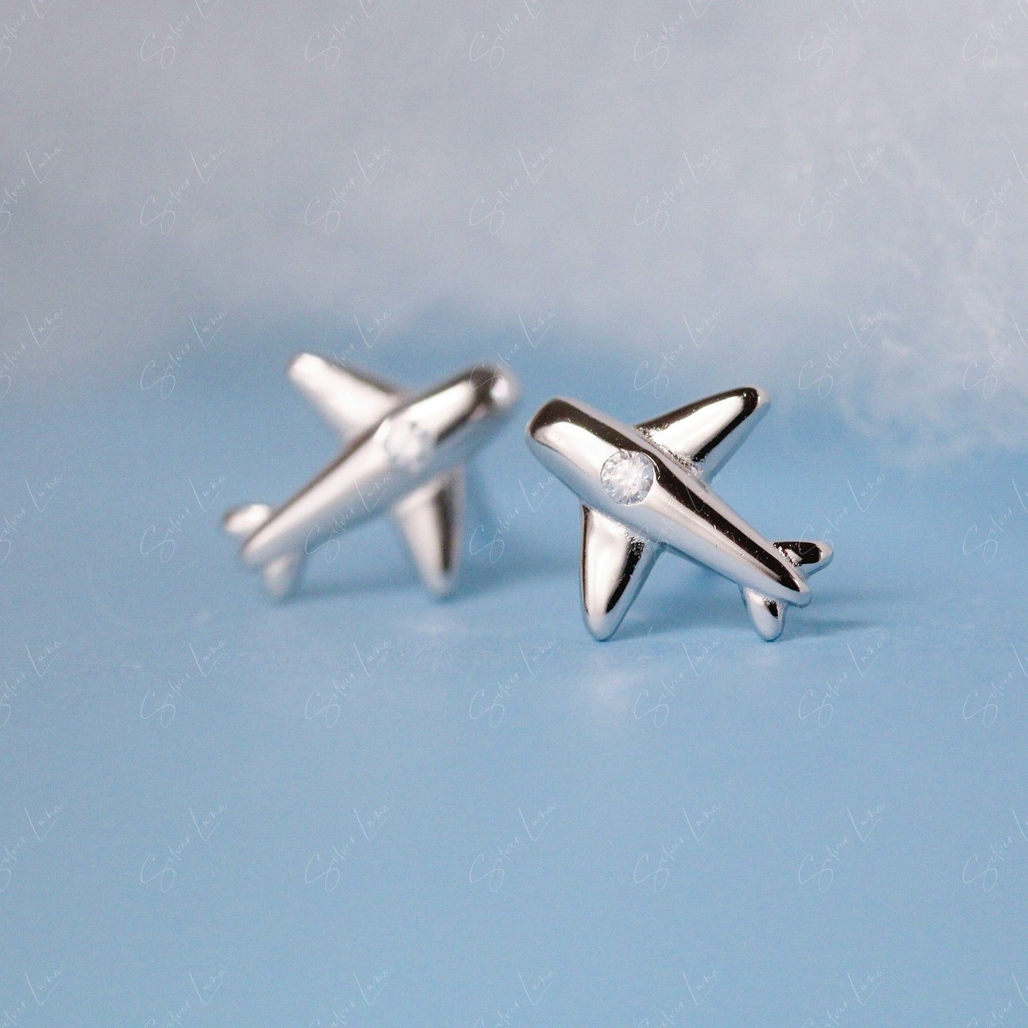 cute airplane silver stud earrings