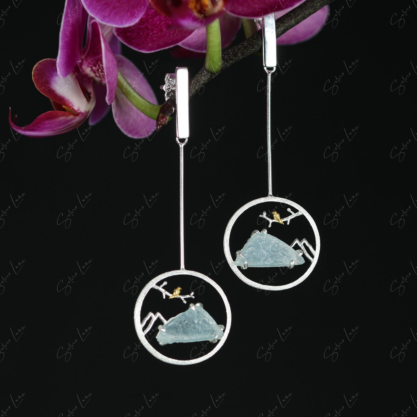 Aquamarine mountain landscape dangle drop earrings