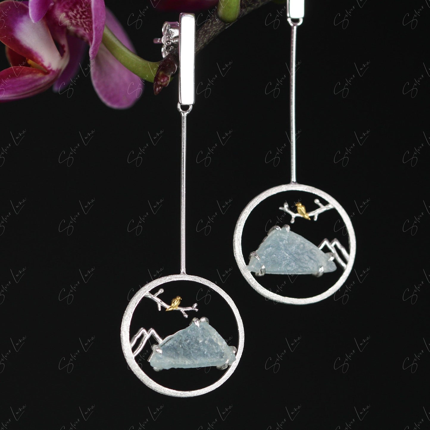 Aquamarine mountain landscape dangle drop earrings