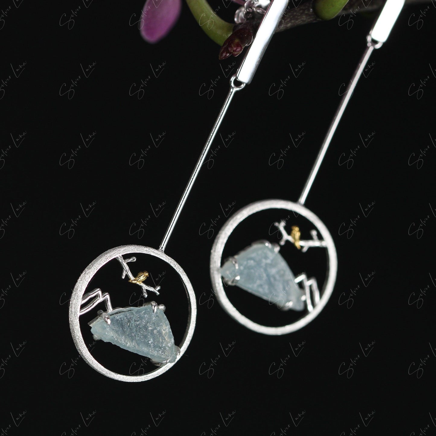 Aquamarine mountain landscape dangle drop earrings