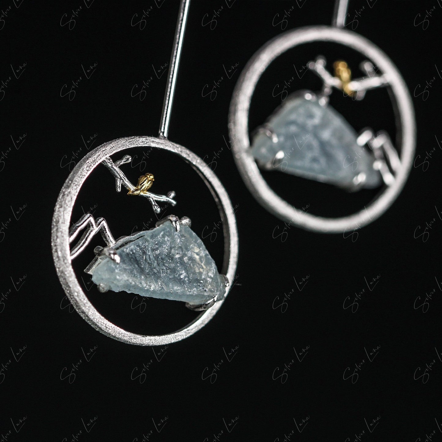 Aquamarine mountain landscape dangle drop earrings
