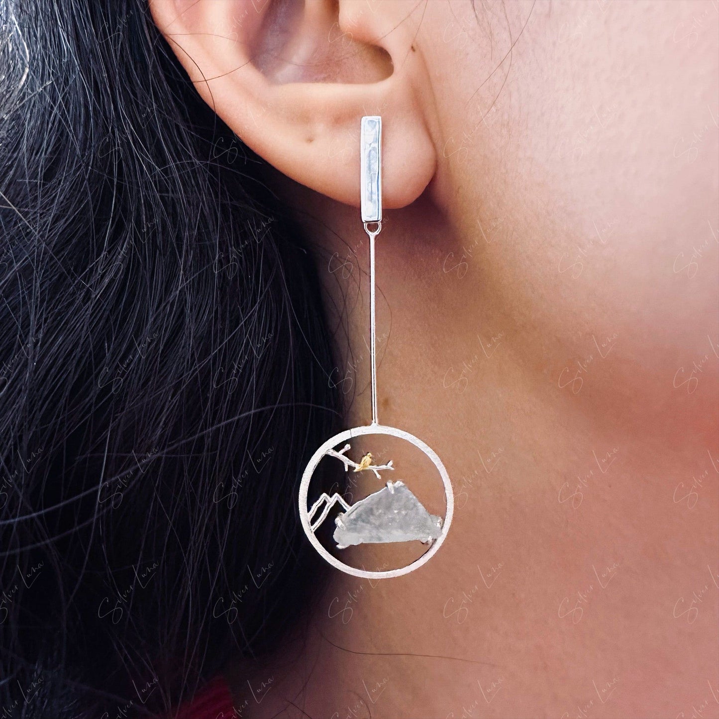 Aquamarine mountain landscape dangle drop earrings
