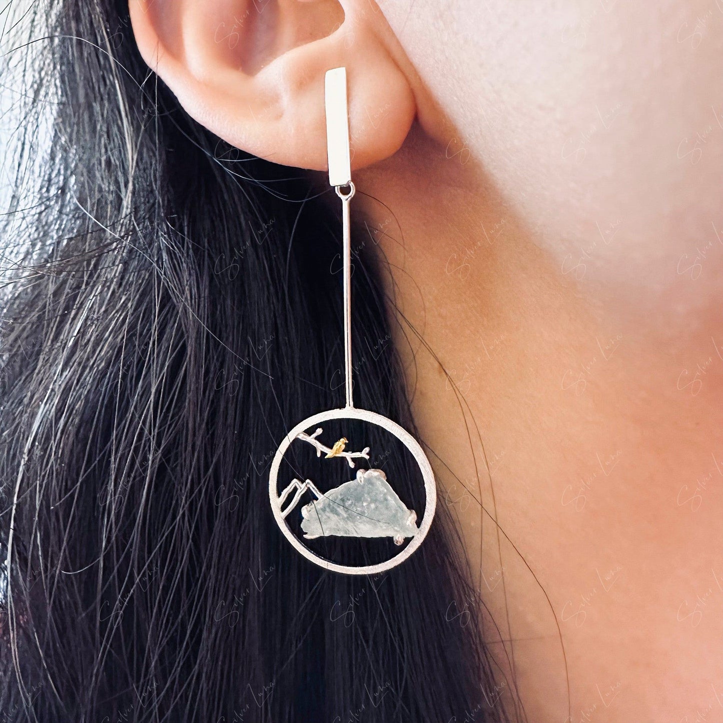 Aquamarine mountain landscape dangle drop earrings