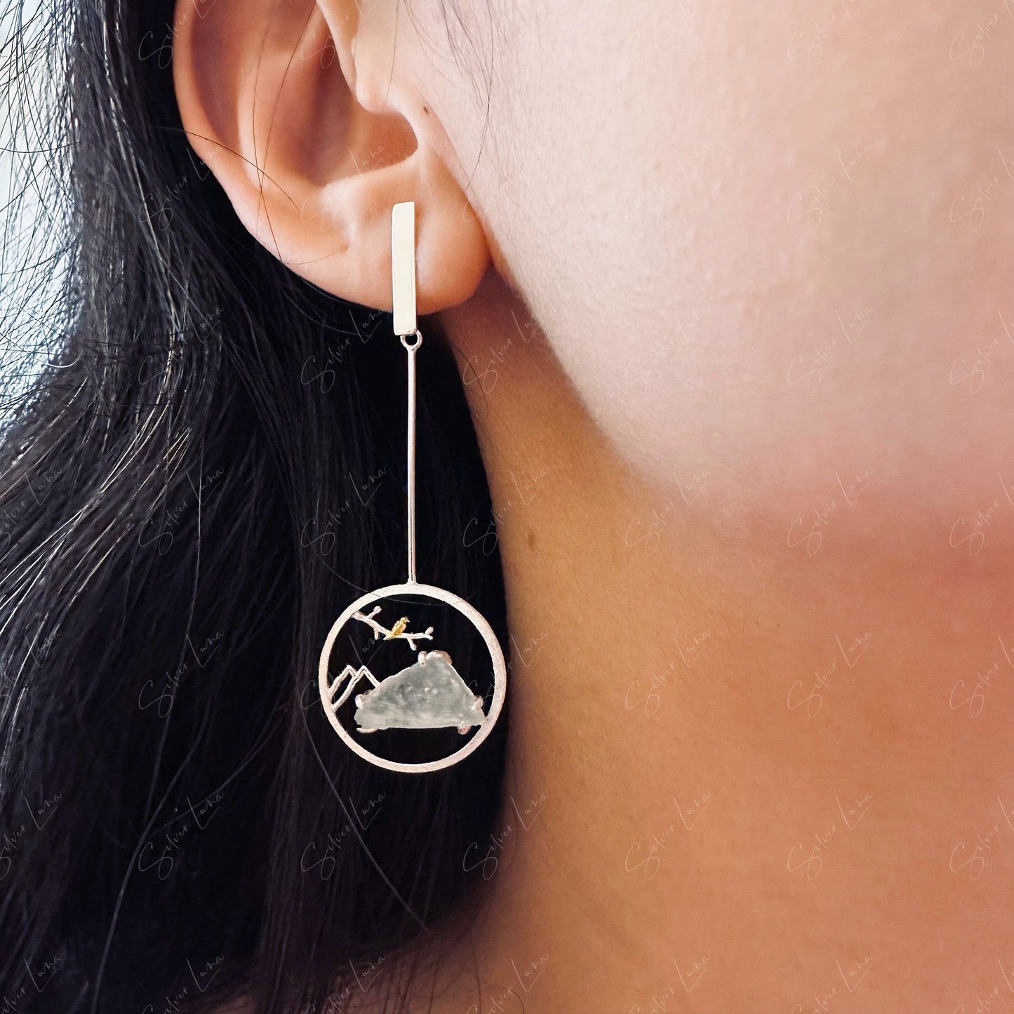 Aquamarine mountain landscape dangle drop earrings