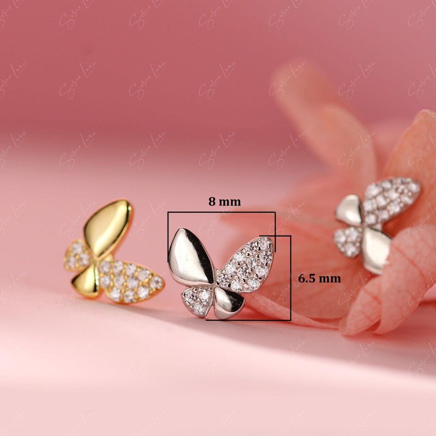 Zirconia butterfly sterling silver stud earrings