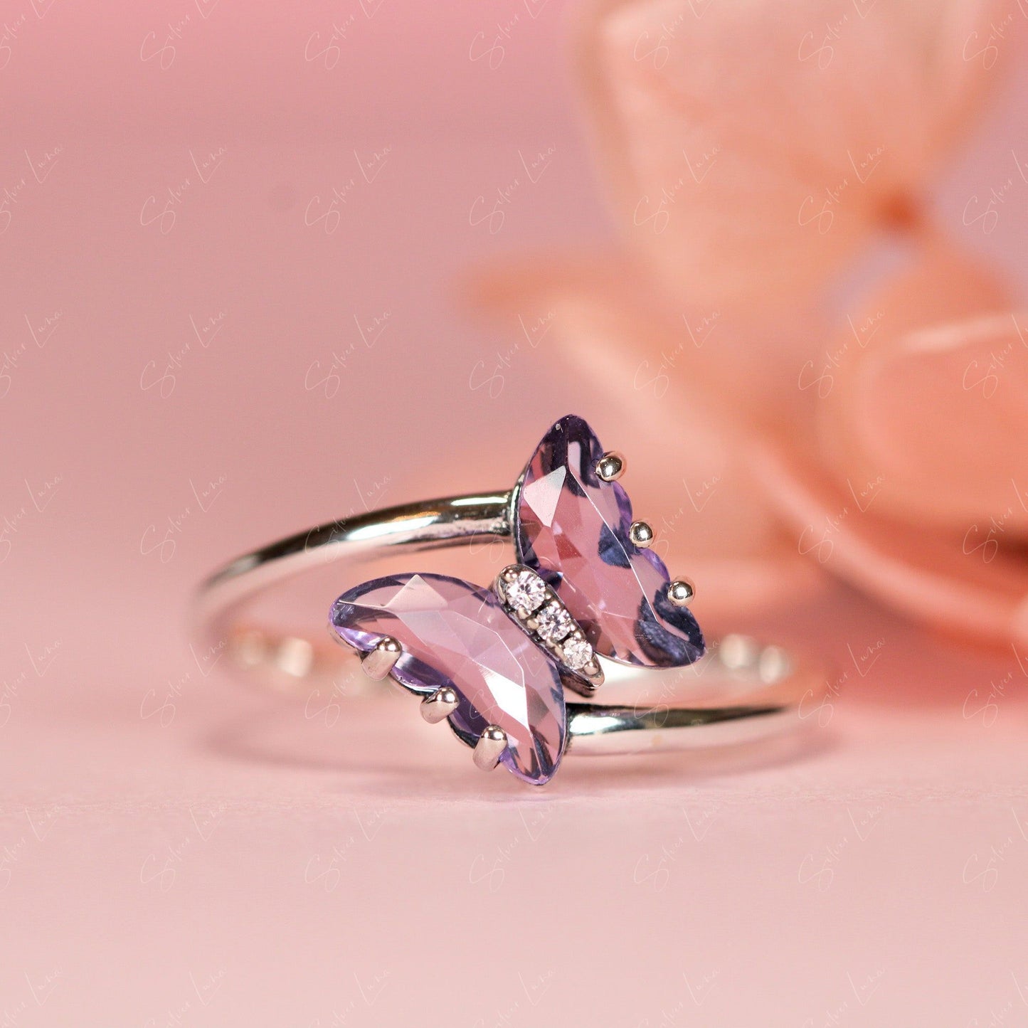 purple butterfly silver ring