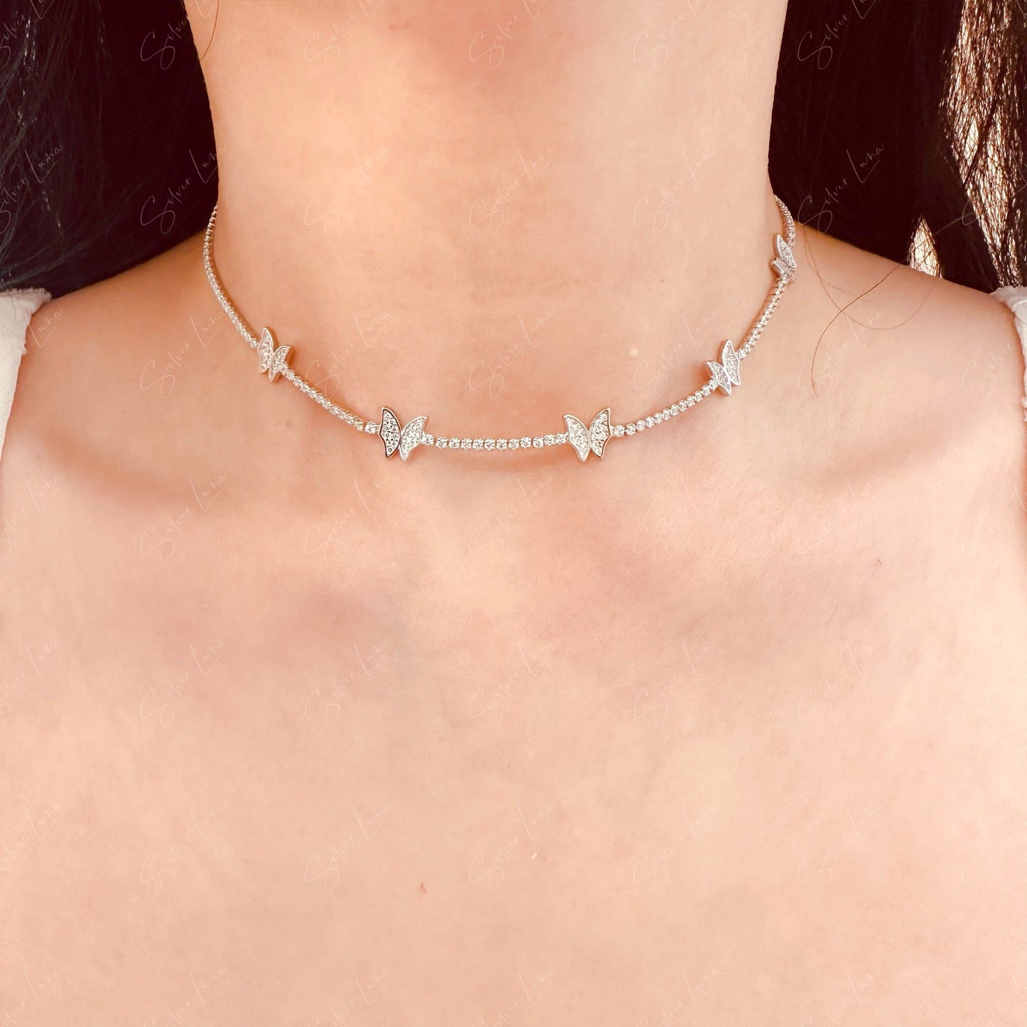 Cubic zirconia butterfly choker necklace