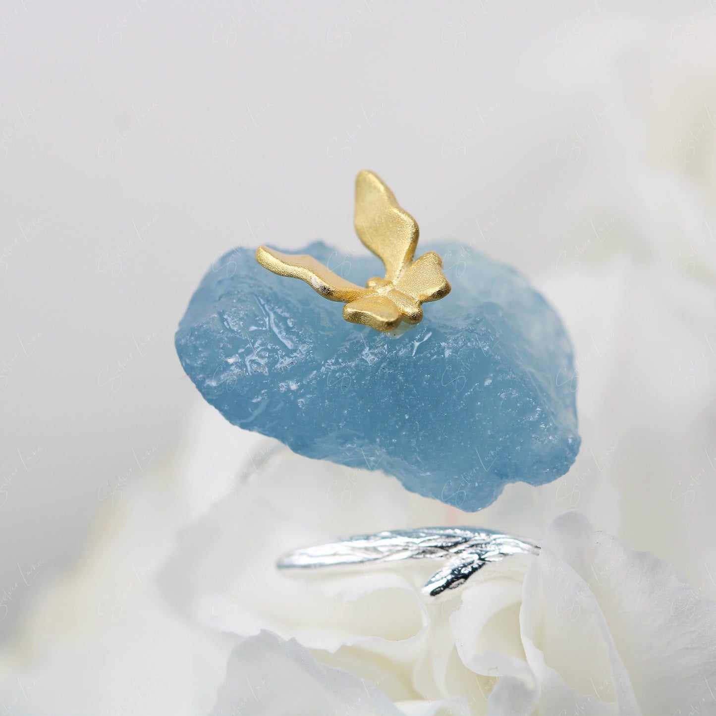 Butterfly on aquamarine natural stone adjustable ring