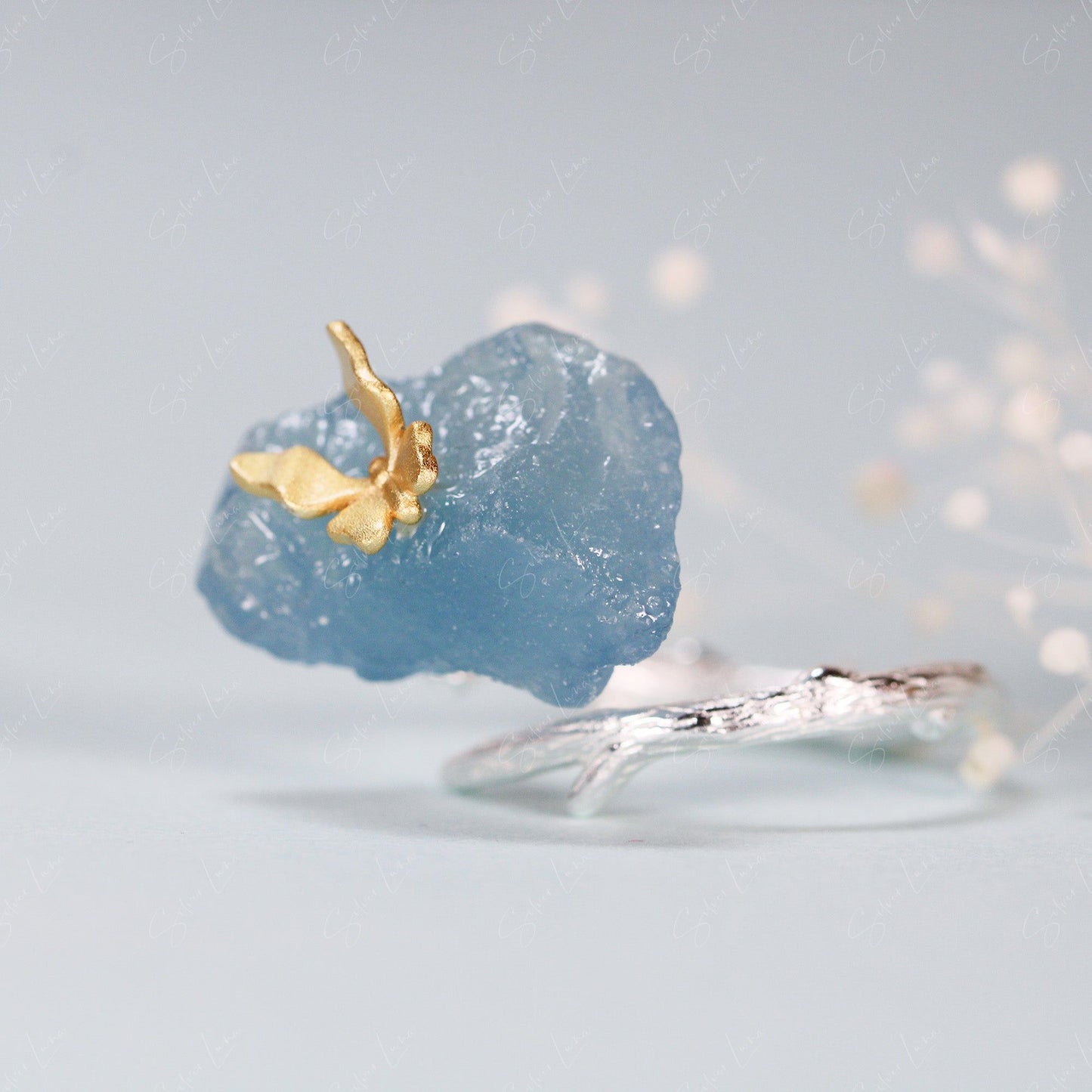 Butterfly on aquamarine natural stone adjustable ring