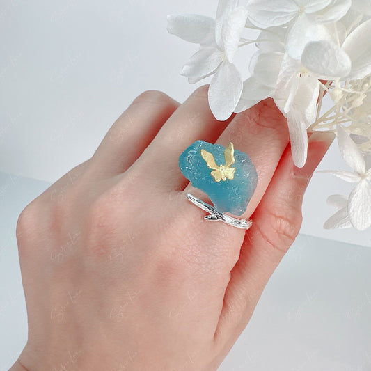 Butterfly on aquamarine natural stone adjustable ring