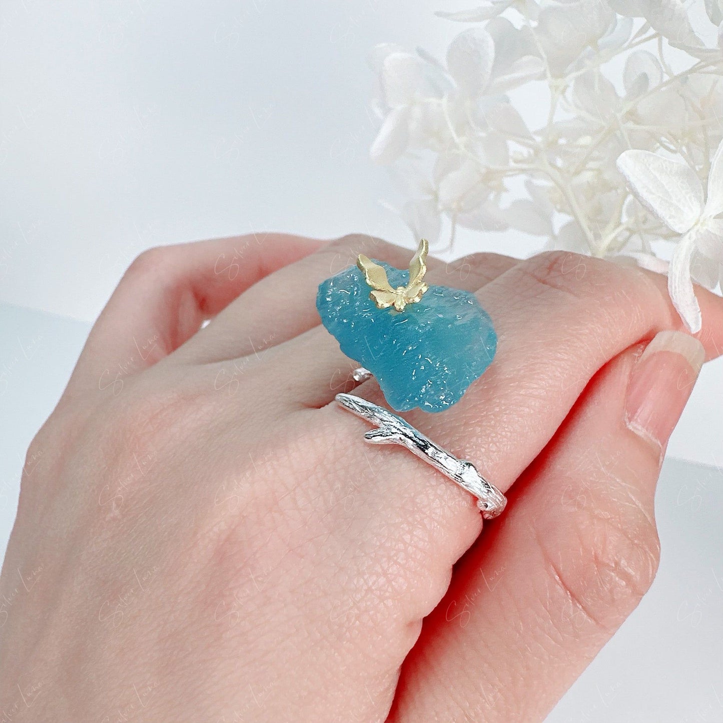 Butterfly on aquamarine natural stone adjustable ring