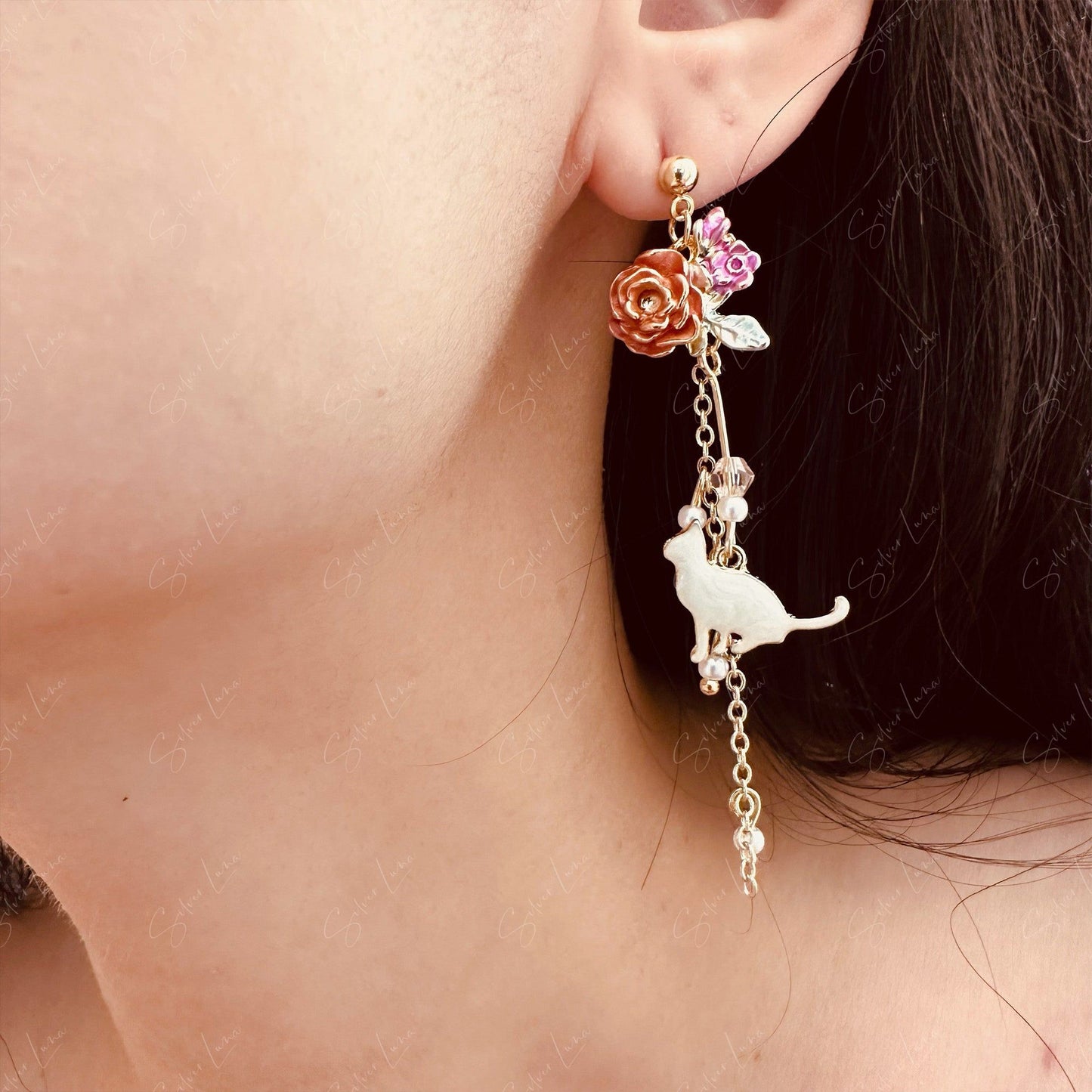 Cat on flower dangle drop earrings