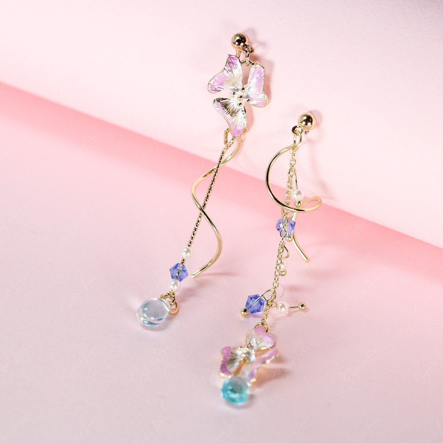 Enamel flower teardrop asymmetric dangle earrings
