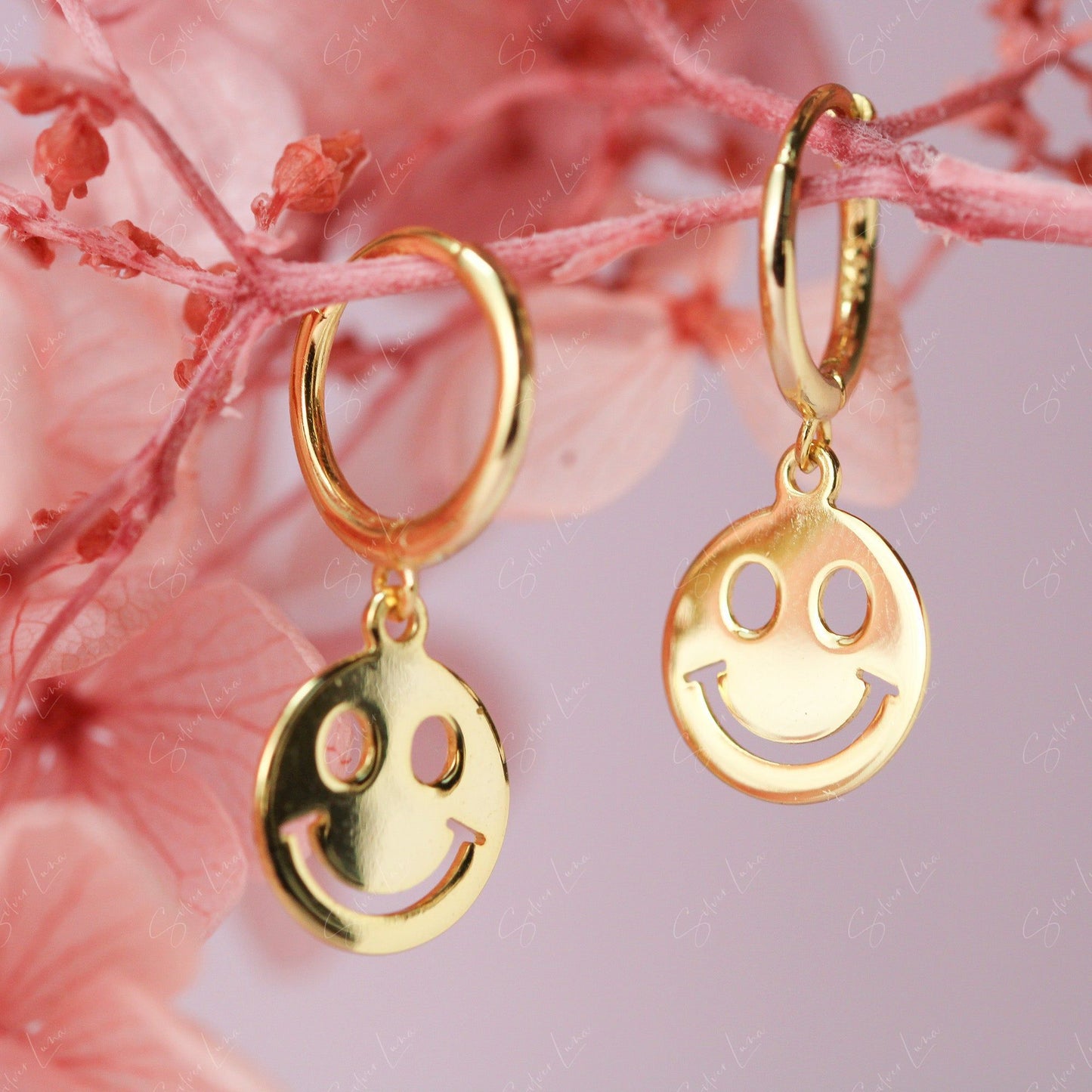 Happy face sterling silver hoop earrings