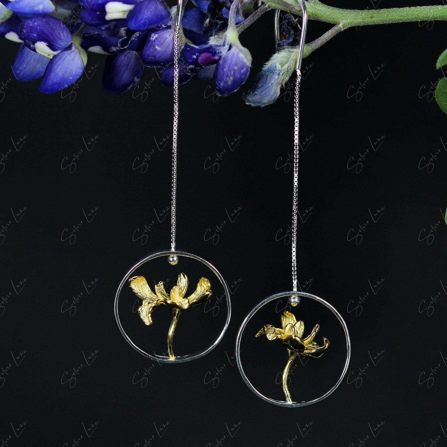 Floating lotus flower dangle drop earrings in sterling silver