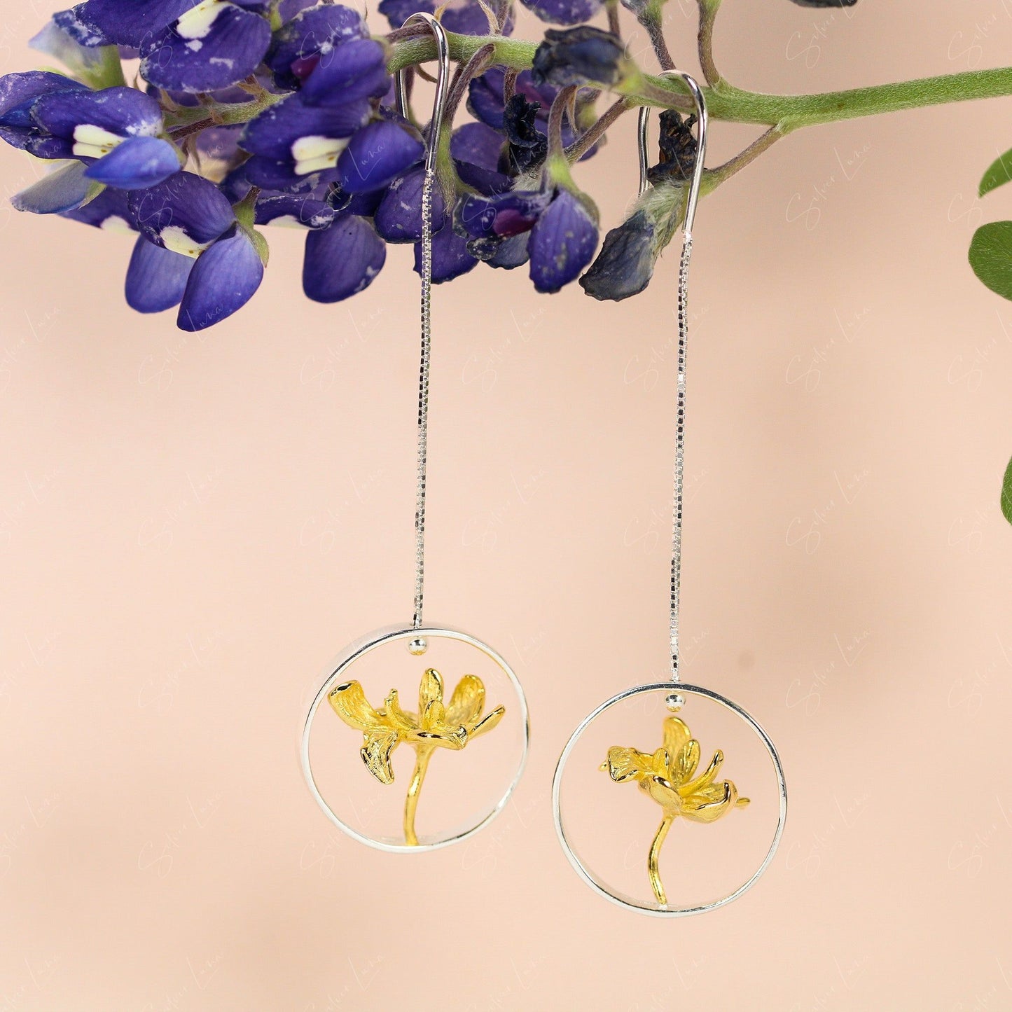 Floating lotus flower dangle drop earrings in sterling silver