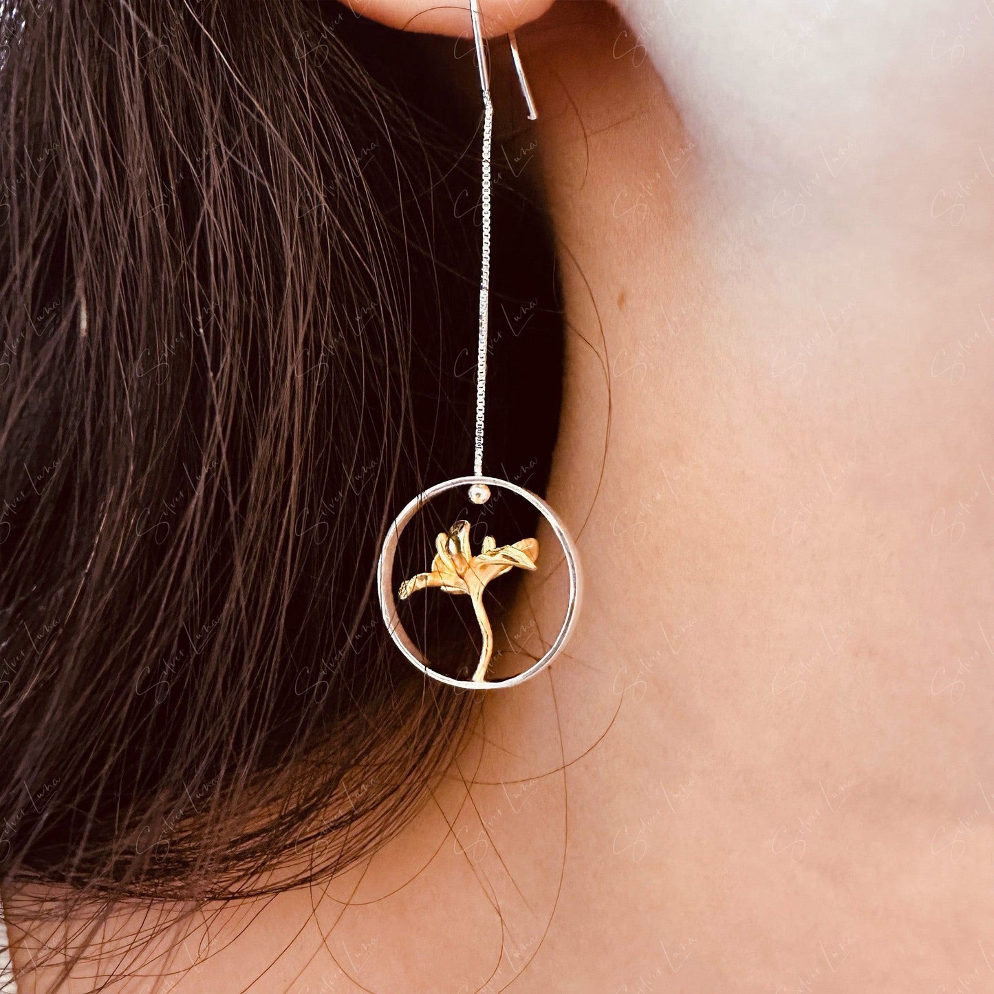 floating gold flower dangle drop earrings
