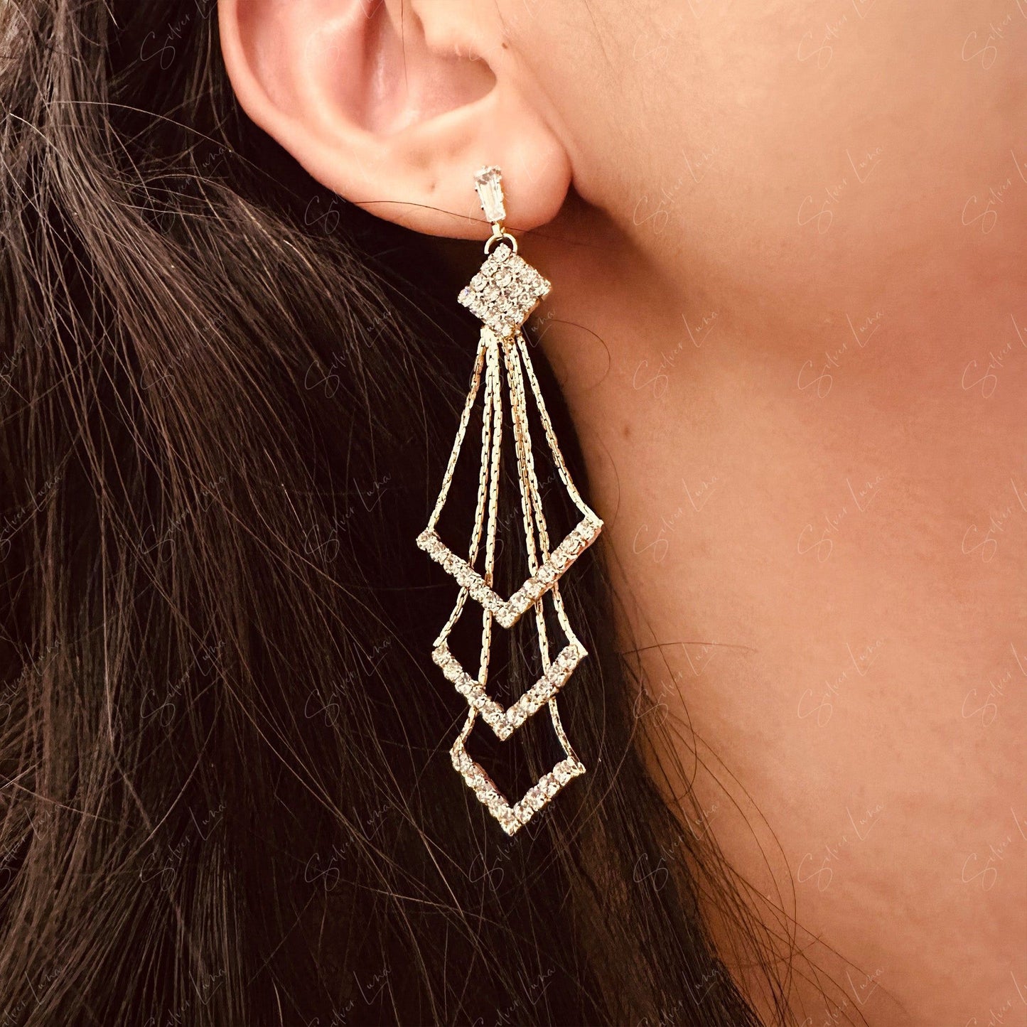Geometric rhinestone dangle drop earrings