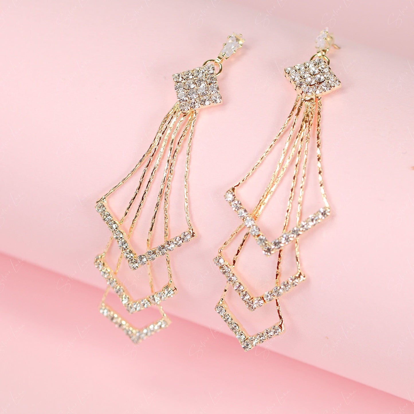 Geometric rhinestone dangle drop earrings