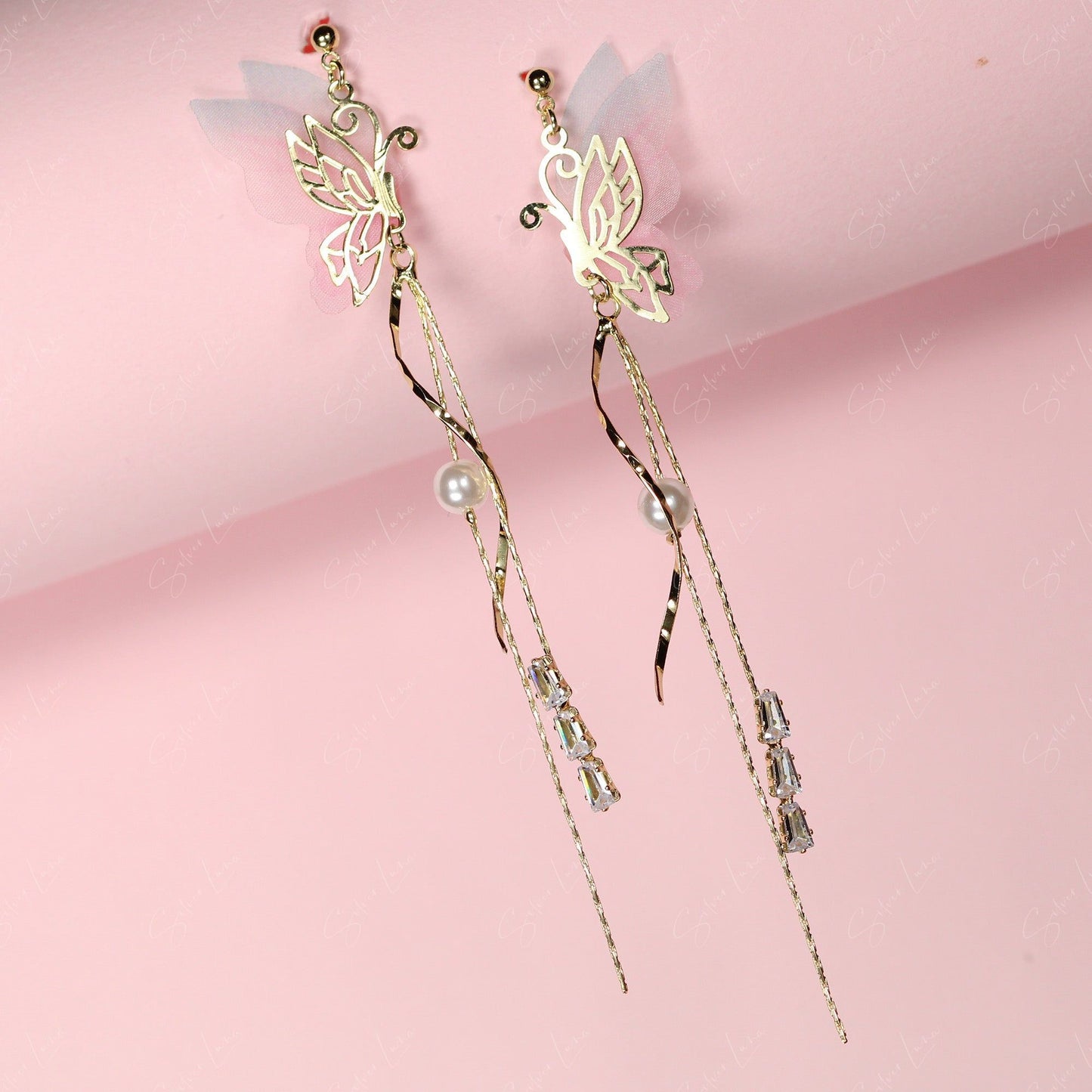 Fairy wing butterfly long drop earrings