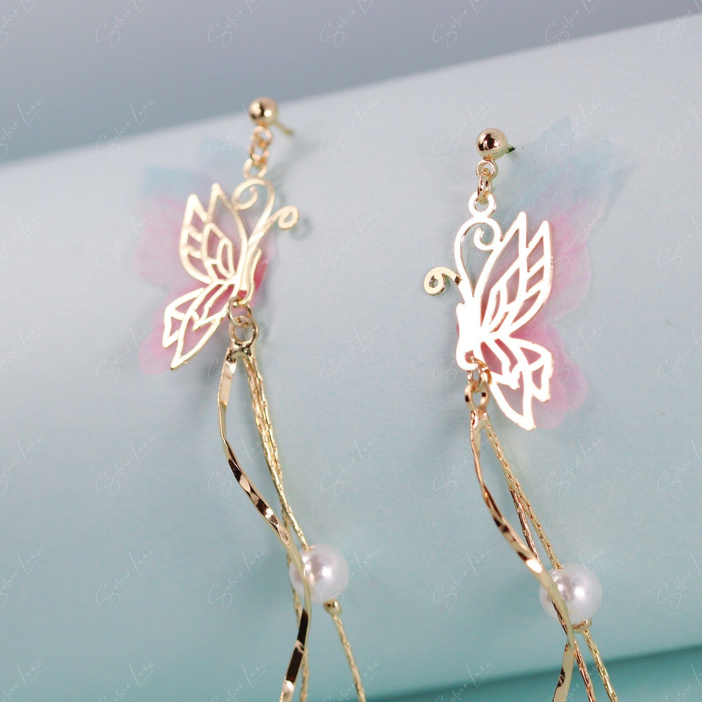 Fairy wing butterfly long drop earrings