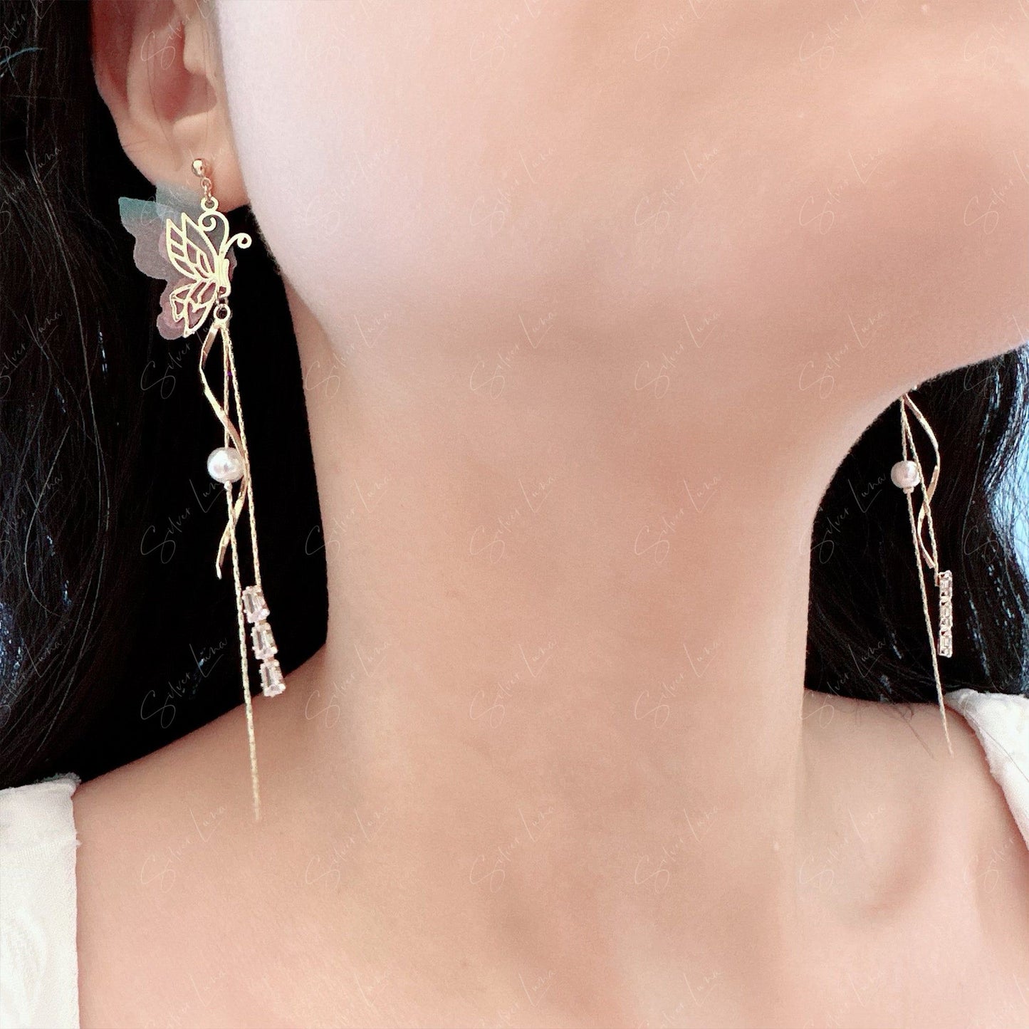 Fairy wing butterfly long drop earrings
