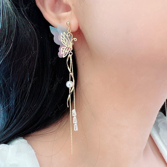 Fairy wing butterfly long drop earrings