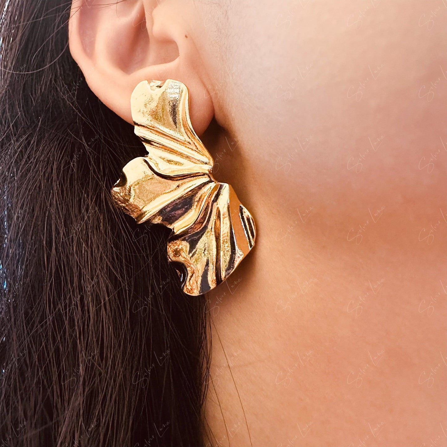Golden flower big statement earrings